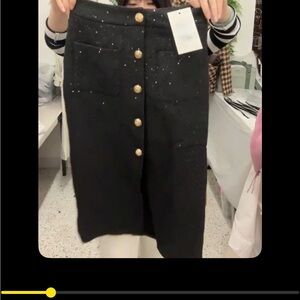 Designer Women’s Black Skirt with Gold Buttoned Front & Side Zipper